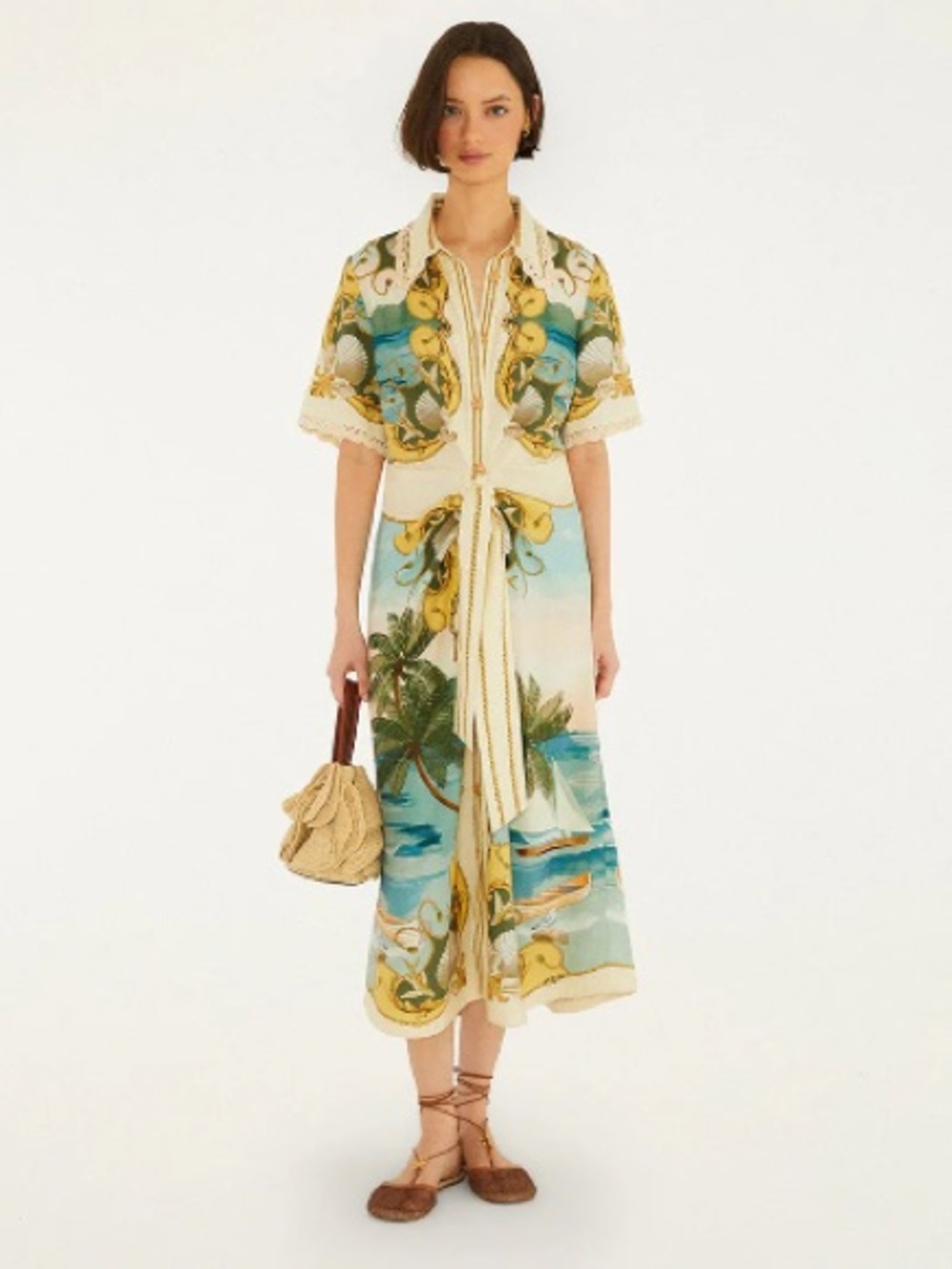 FARM Rio Off-White Royal Sea Collared Midi Dress Linen-Blend Size Small NWT - Picture 6 of 16